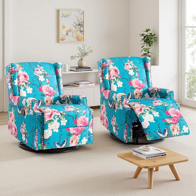 UIXE Swivel Rocker Manual Recliner Chairs Set of 2, Wingback Swivel Glider Fabric Nursery Reclining Sofa Chair, High Back Upholstered Arm Chair for Living Room Bedroom - Peacock Blue