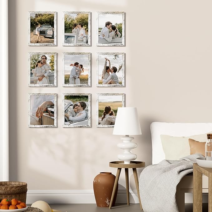 Vittanly 8x10 Picture Frames Set of 9, Shatter Resistant Plexiglass, Display 5x7 Pictures with Mat or 8x10 without Mat, Photo Frames for Wall or Tabletop, Engineered Wood, Distressed White