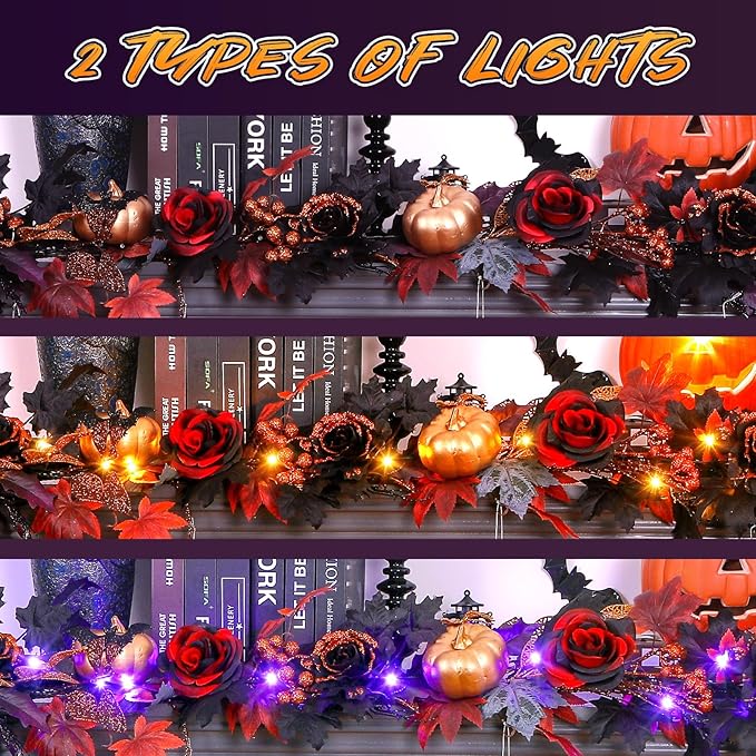 SHareconn 2 Pcs 9FT Halloween Garland with Purple Lights Battery Operated and Timer, Pre-Lit Black Red Maple Leaves Lighted Garland Decorations for Fireplace Mantle Centerpiece Indoor Outdoor Decor