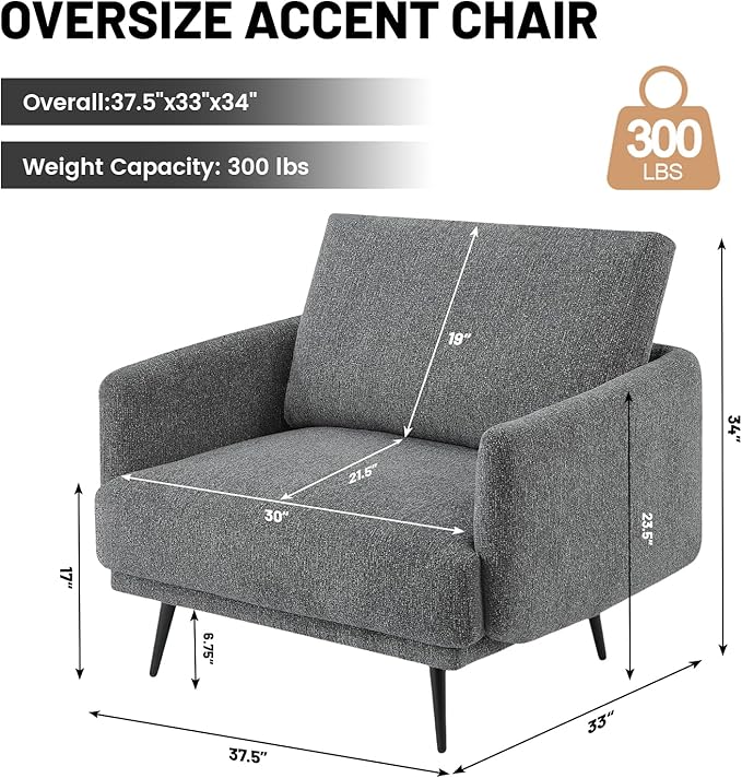 Oversized Accent Chair for Living Room Chairs Reading Arm Chair Comfy Modern Single Sofa Side Chairs with Metal Legs & Soft Cushion for Bedroom, Balcony,Waiting Room(Chenille, Dark Grey)