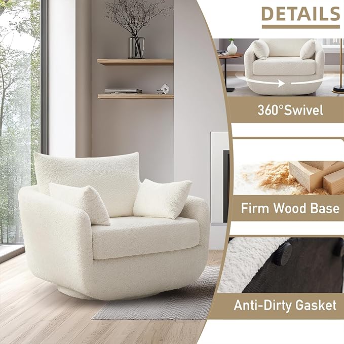 360° Swivel Accent Armchair, 39.3" Oversized, Sherpa Boucle Fabric Sofa Chair with Removable Back & Arm Pillows, Swivel Chair with Cozy Soft Padded, No Assembly Required (1, Cream White)