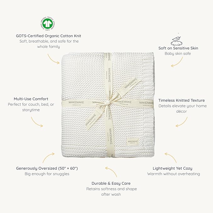 Makemake Organics Organic Cotton Throw Blanket GOTS Certified Organic Knit Blanket Couch Bed Neutral Fall Colors Soft Cotton Throw Blanket Large (50x60, Ivory)