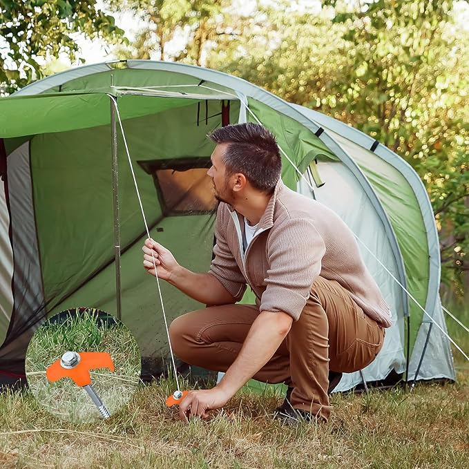 Hicarer 20 Pcs 20 Pcs 8'' Screw in Tent Stakes Heavy Duty Ground Metal Stakes for Inflatables with Hex Head Driver for Outdoor Camping Tent Inflatable Garden Decor (Orange)