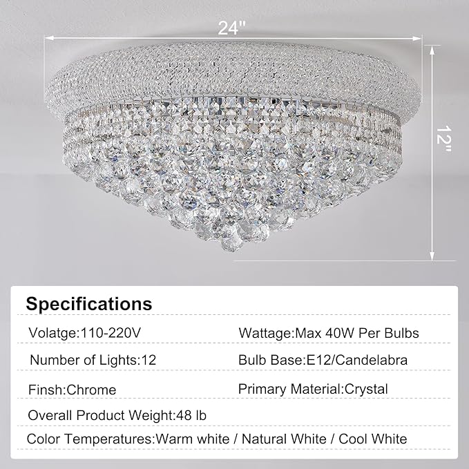 12-Light Crystal Flush Mount Chandelier Ceiling Light Fixture for Living Room Dining Room Bedroom Foyer Entryway Hallway Closet Bathroom (Chrome D24)