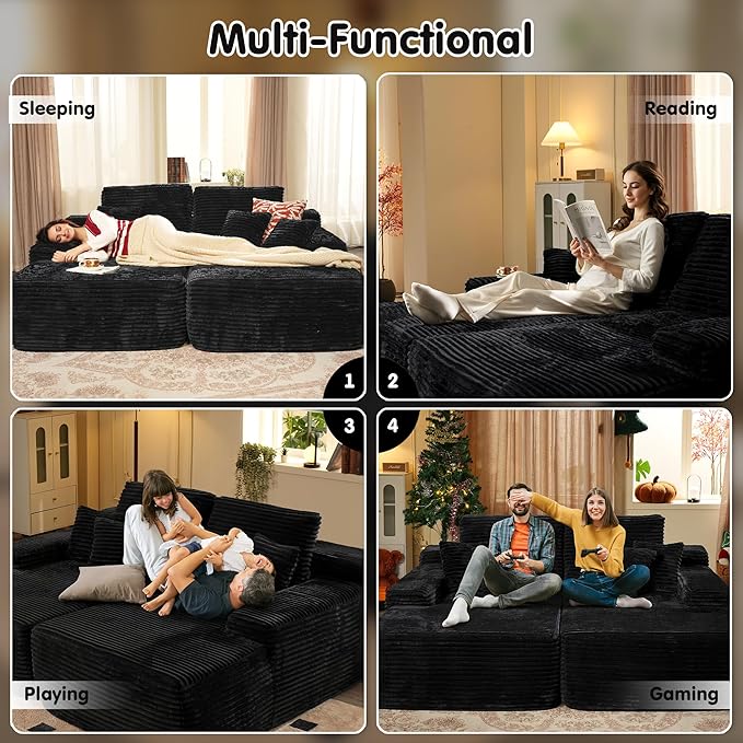 ovios 81" Oversized Sectional Double Lounge Chaise with Cloud Plush Sofa Bed, No Assembly Required, Fluffy Modern Sleeper Loveseat Chair for Indoor Living Room Bedroom Reading, Black (Plush Fabric)