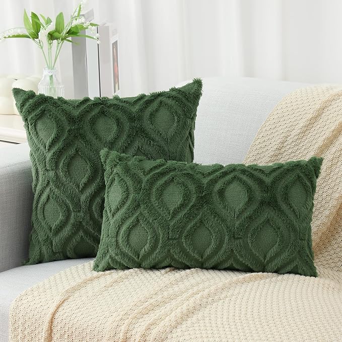 decorUhome Throw Pillow Covers 12x20 Inch Set of 2, Soft Plush Decorative Faux Fur Forest Elf Solid Couch Pillow Covers, Accent Farmhouse Neutral Lumbar Euro Pillow Cases for Sofa Bed Living Room