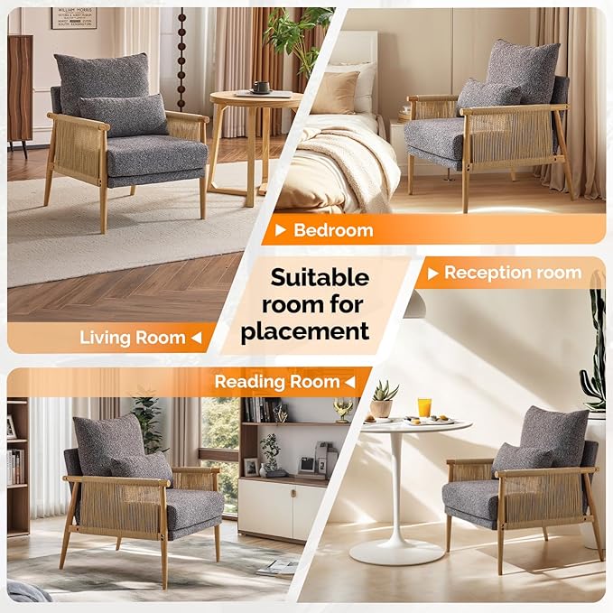 VINGLI Boho Braid Accent Armchair,Mid-Century Modern Chiar with Solid Wooden Armrest,Comfy Louge Cushion Chair with Waist Pillow for Bedroom,Living Room,Reading Room, Gray