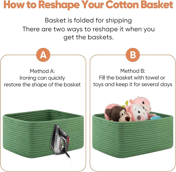 OIAHOMY 4 Pack 14.17*11.02*6.3IN Storage Baskets for Organizing Shelves, Woven Rope Baskets for Organizing Books, Clothes, Decorative Basket for Living Room, Nursery, Bedroom, Gift Basket, Green