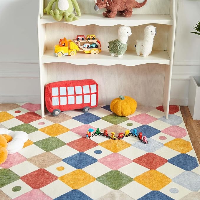 jinchan Area Rug 3x5 Kids Washable Indoor Floor Cover Non-Slip Modern Soft Rug Elementary School Classroom Colorful Diamond Carpet for Nursery Playroom Daycare Bedroom Living Room Circus on Cream