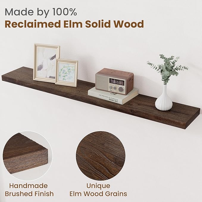 Floating Shelves for Wall Decor, 8 Inch Deep Rustic Solid Elm Wood Floating Shelves Wall Mounted, Wall Shelves with Invisible Bracket for Living Room Bathroom Bedroom Kitchen, 48 Inch Set of 1, Walnut