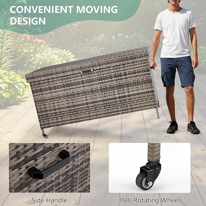 HOMREST Large Deck Box, Outdoor Wicker Storage Container with 240 Gallon, Patio Rattan Furniture for Garden Tools, Pillows, Pool, Brown