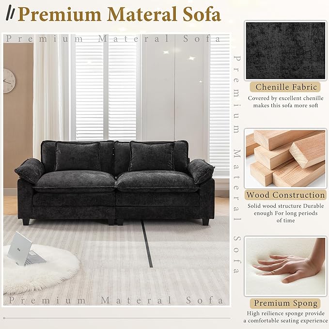 URRED Modular Sectional Sofa Comfy Cloud Couch, Modern Chenille Sofa Sleeper Deep Seat Couches with Ottoman/Pillows for Living Room (Black, 82.6'')