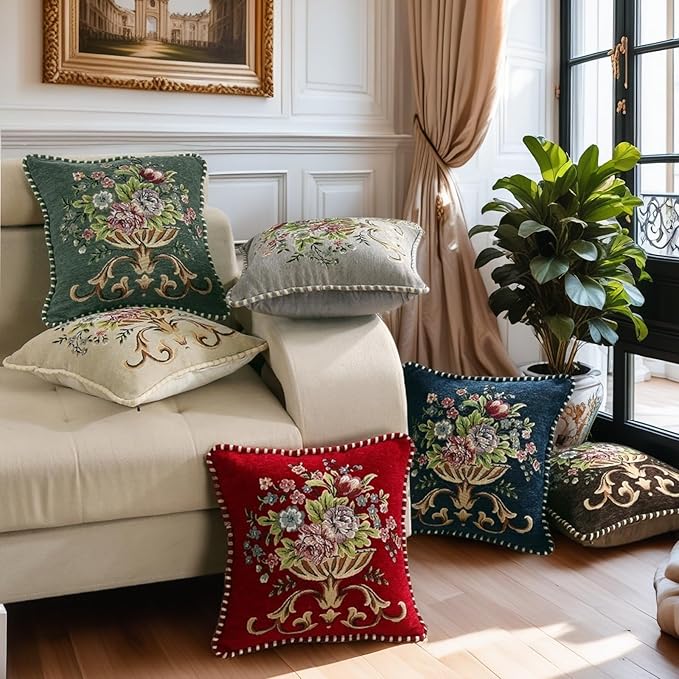 Set of 2 Red Vintage Embroidered Throw Pillows Covers 18x18in Sofa Couch,Red Floral Embroidered Cushion Cover for Sofa Bed Chairs Car