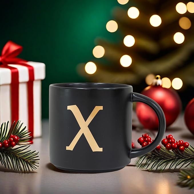 COLLECTIVE HOME - Monogram Ceramic Mugs, 15 oz Golden Initial Black Coffee Cups, Elegant Alphabet Tea Mugs, Elegant Personalized Mug with Gift Box, Unique Mug with Double Side Capital Lette (X)