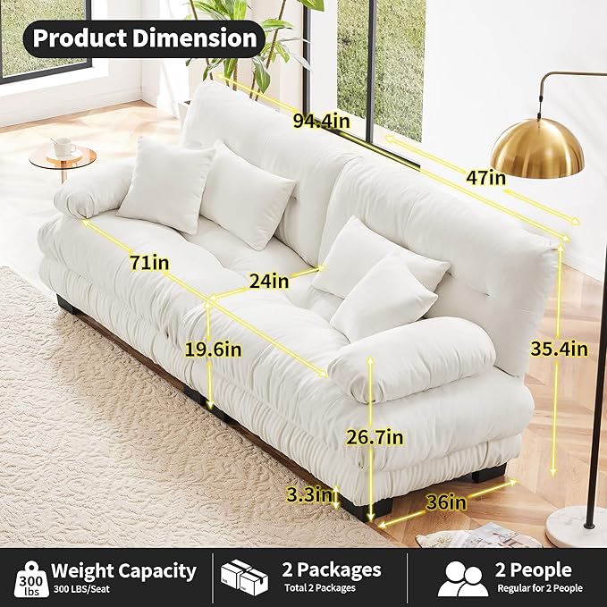 Loveseat Modular Sectional Sofa, Cloud Couch 2 Seater Sectional Couch Home Sofa Living Room Oversized Couch, Modern Deep Seat Couch with Chaise with Round Bolster Armrests 4 Pillows(White)