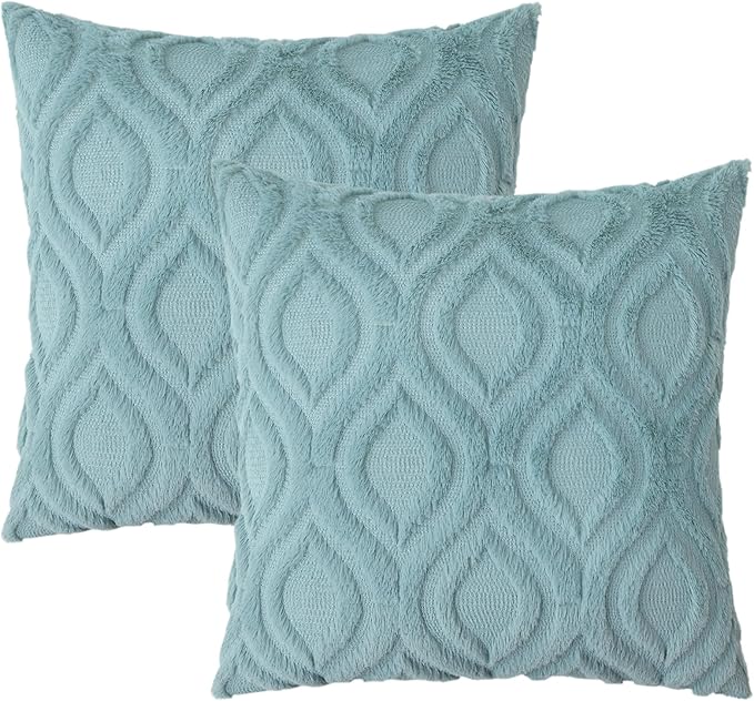decorUhome Fall Throw Pillow Covers 24x24 Inch Set of 2, Soft Plush Decorative Faux Fur Aqua Solid Couch Pillow Covers, Accent Farmhouse Neutral Square Euro Pillow Cases for Sofa Bed Living Room