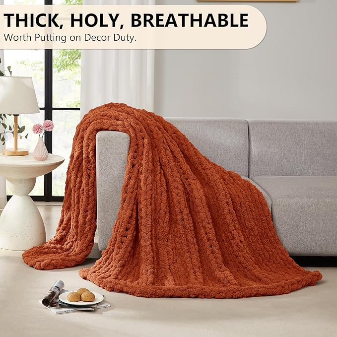 L'AGRATY Chunky Knit Blanket Throw: 60''x80'' Chenille Chunky Knitted Throw Blanket for Bed Couch - Handmade Thick Big Cable Knit Blanket - Large Crochet Rope Blanket for Home Decor(Rusty Orange)