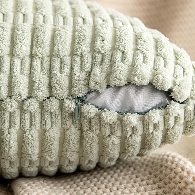 MIULEE Pack of 2 Corduroy Decorative Throw Pillow Covers 16x16 Inch Soft Boho Striped Pillow Covers Modern Farmhouse Home Decor for Summer Sofa Living Room Couch Bed Light Green