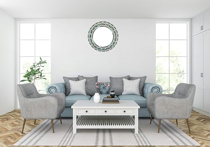 Mosaic Mirror, Wall Art Décor – Handcrafted Decorative Wall Mirror, Light and Navy Blue, Brown, Gray, and Black Round Mosaic