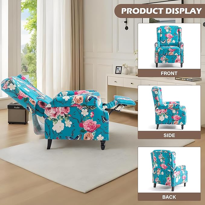 UIXE Floral Pushback Recliner Chair, Fabric Upholstered Armchair Push Back Accent Chair for Living Room, Rivet Trim Club Chair Home Theater Single Sofa Reading Seat - Peacock Blue