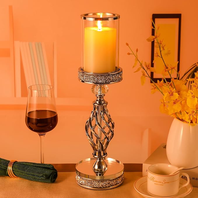 Hanjue Crystal Candle Holders for Pillar Candle, Metal Crystal Candle Holder for Home Decor, Centerpieces, Coffee Dining Table CH0509 (Silver (L))