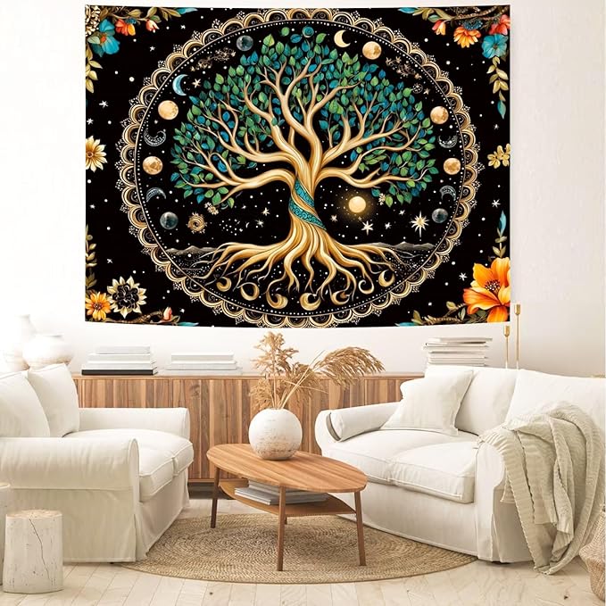 Delur Tree of Life Tapestry Moon Phase Nature Flower Plant Tapestry Wall Hanging Boho Mandala Spiritual Sun Aesthetic Psychedelic Headboard for Bedroom Living Room Home Decor (59.1" x 78.7")