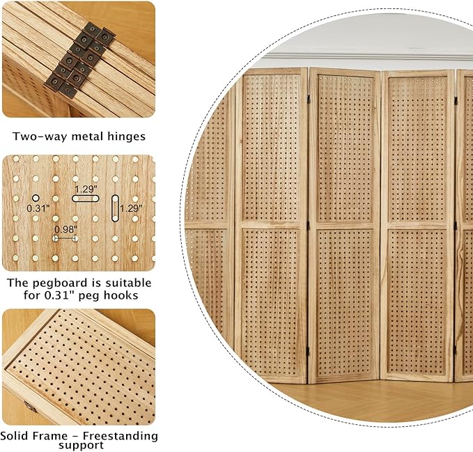 ‌Room Divider Freestanding Folding Pegboard Privacy Screen | 6-Panel Display Stand for Jewelry, Craft Shows, Retail | Natural Wood, Portable & Space-Saving Design