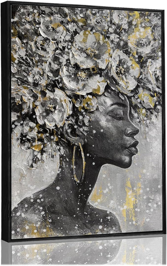Large Black and Gold African American Wall Art with Framed Black Woman Office Bedroom Living Room Poster Home Hanging Decor 32x48 Inch