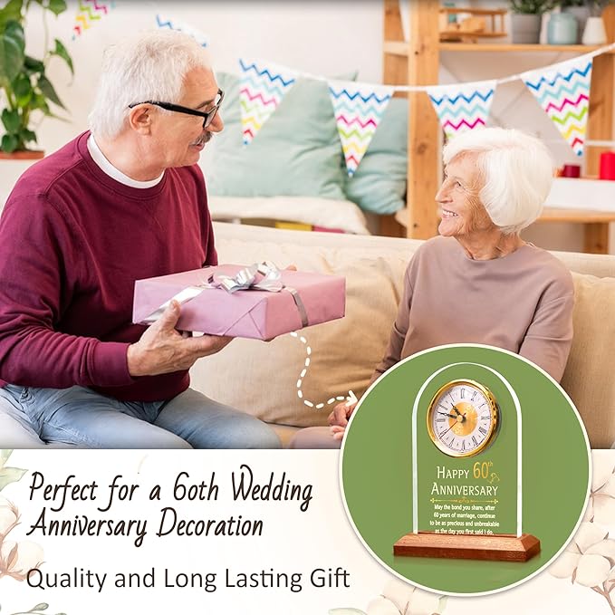 60th Anniversary Wedding Gift, Anniversary Quartz Clock, Desk Table Clock, 60 Years of Marriage, Golden Wedding for Couple, Parents, Grandparents (Wooden Base with LED Light)