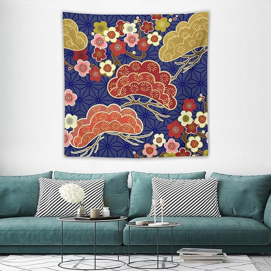 HZOHNAGO Japanese Tapestry Art Abstract Colorful Cherry Blossom Blue Background Pattern Printed Wall Tapestry Painting Wall Hanging for Bedroom Living Room Dorm 60" W x 60" H