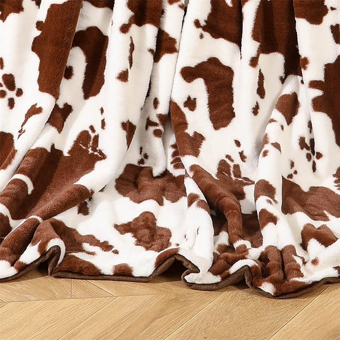 RYNGHIPY Cow Print Blanket for Sofa Couch Double Sided Flannel Animal Design Brown Throw Blanket (Brown, 63''x79'')