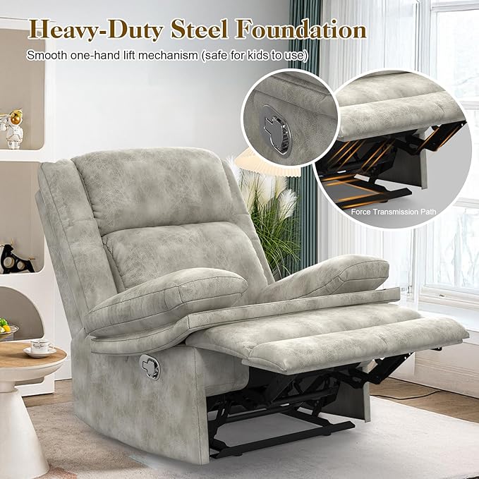 Recliner Chair for Adults, Oversized Manual Pull Tab Reclining Chair, 2-Tier Cushions, Minimalist Style Single Sofa for Living Room, RV (Polished Microfiber)