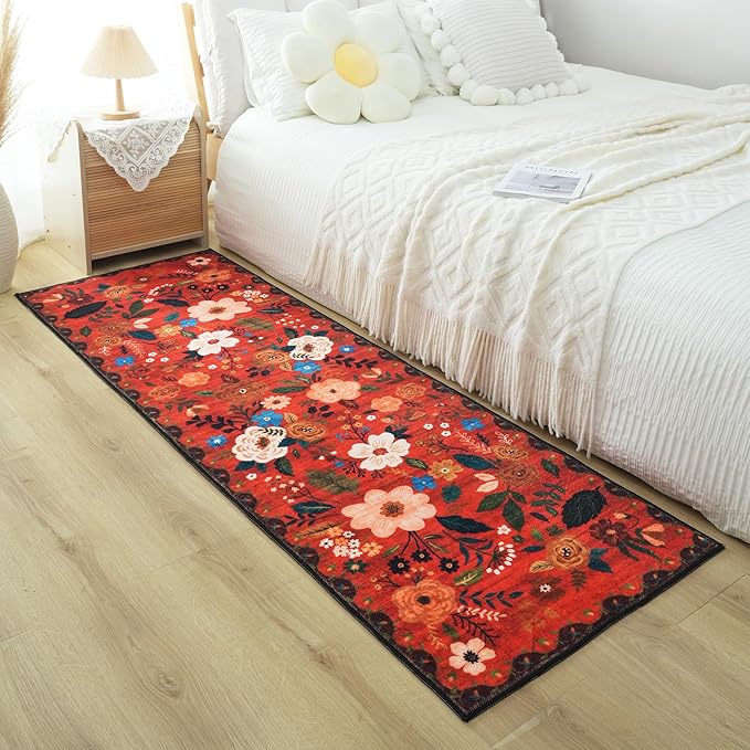 Runner Rug for Hallways Kitchen Rug Non Slip 2'6''x8' Washable Runner Rugs with Rubber Backing Soft Floral Carpet Runner for Hallways, Kitchen, Laundry, Bedroom, Bathroom(Red)