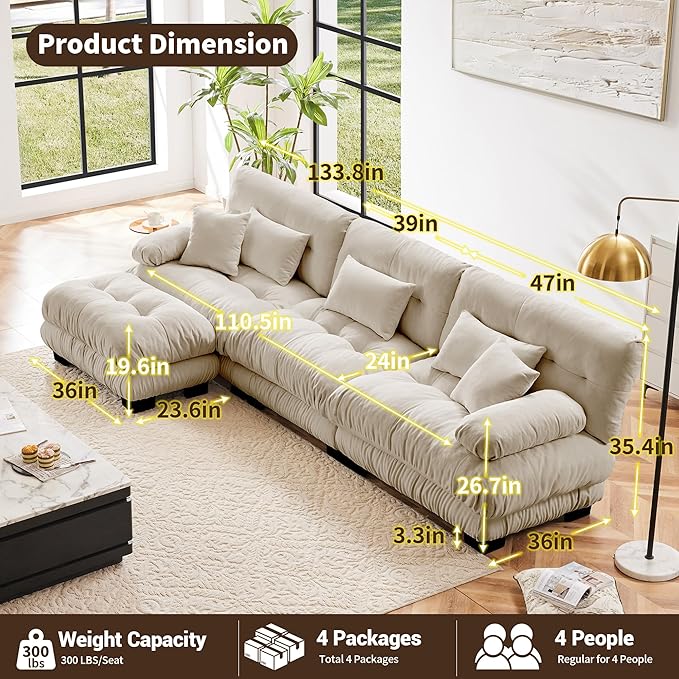 L Shaped Couch Sectional Couch, 3-Seater Cloud Couch Sectional Oversized Couch, Sofa Bed Couch with Round Bolster Armrests 5 Pillows, Modular Couch Home Sofa Living Room Couch