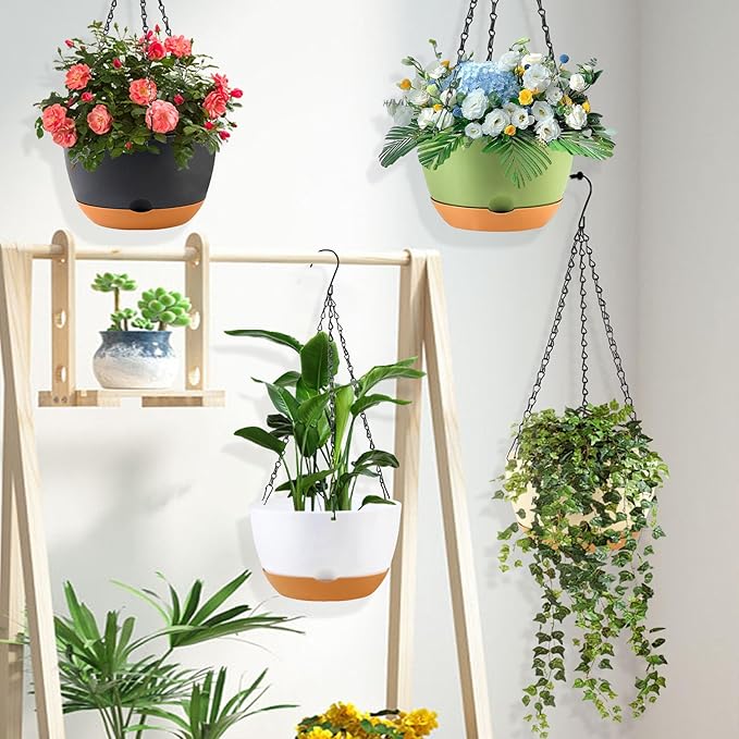 4 Pack Plastic Hanging planters for Indoor Plants,8 Inch Plant Pot Indoor Outdoor Hanging Baskets,Hanging Flower Pots with Drainage Holes and Chain for Garden Porch Plants (Green)