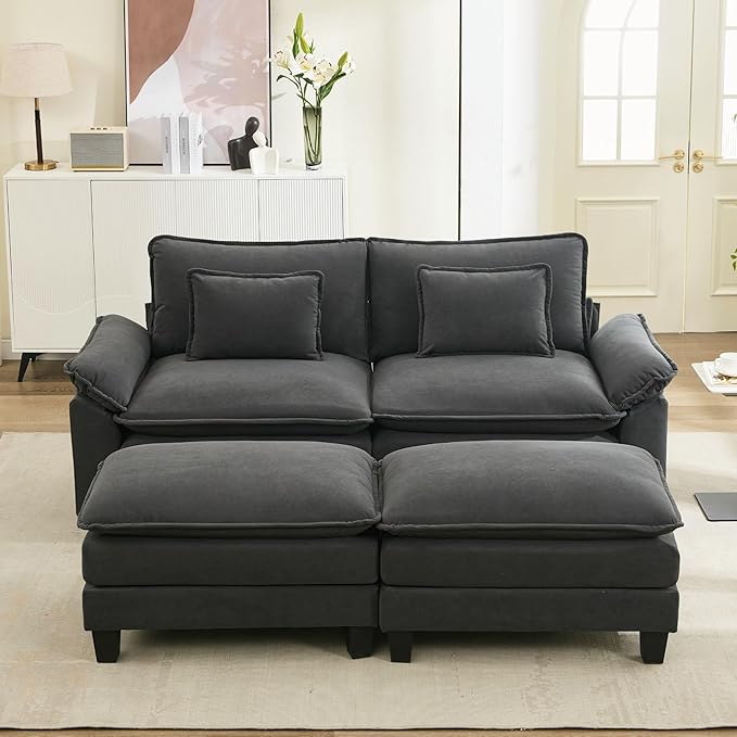 URRED Modular Sectional Sofa Comfy Cloud Couch, Modern Velvet Sofa Sleeper Deep Seat Couches with Ottoman/Pillows for Living Room (Dark Gray, 82.6''- 2 Ottomans)
