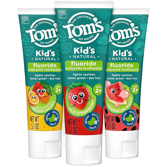 Tom's of Maine Anticavity Kids Natural Toothpaste Variety Pack, Strawberry, Orange Mango, Watermelon Flavors, Kids Toothpaste with Fluoride, Safe for Ages 2 and Up, 5.1 oz (Pack of 3)