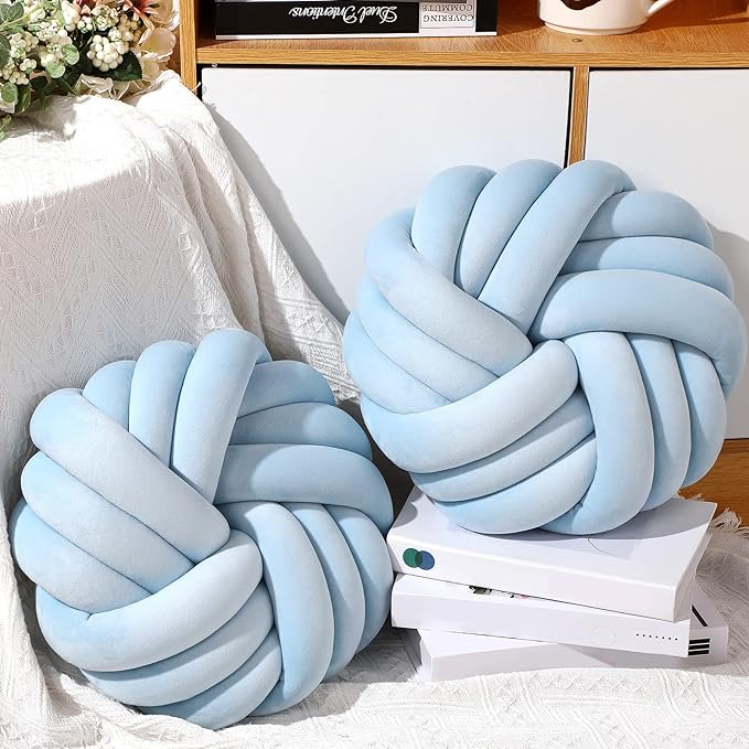 Fumete 2 Pcs 14 Inches Knot Pillow Round Throw Soft Plush Knot Ball Pillow Handmade Knotted Modern Home Decorative Cushion for Bed Bedroom, Sofa, Couch (Sky Blue)