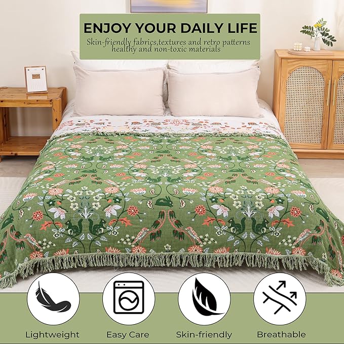 Boho Throw Blanket for Bed, 100% Cotton Ultra Soft Rustic Quilt King Blanket Florals and Animals Printed Farmhouse Decor Large Bed Blankets,90"×98" All Season Rustic Throw for Sofa Couch Chair