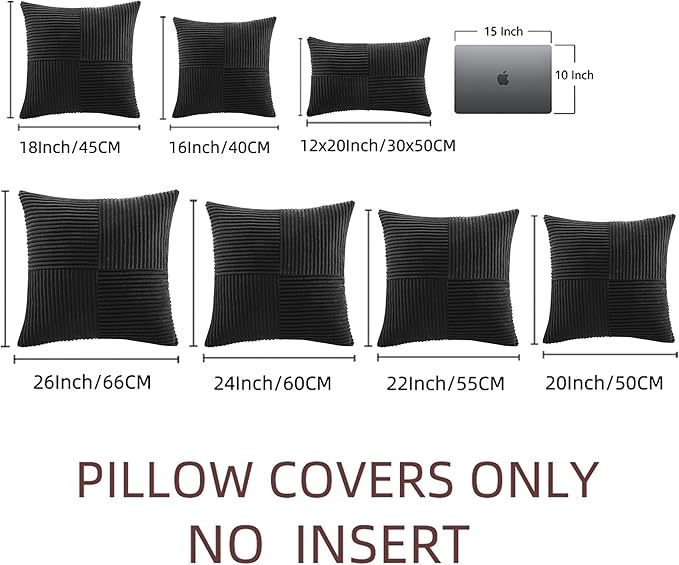 Fancy Homi 2 Packs Black Decorative Throw Pillow Covers 16x16 Inch for Living Room Couch Bed Sofa, Rustic Farmhouse Boho Home Decor, Soft Corss Patchwork Corduroy Textured Square Cushion Case 40x40 cm