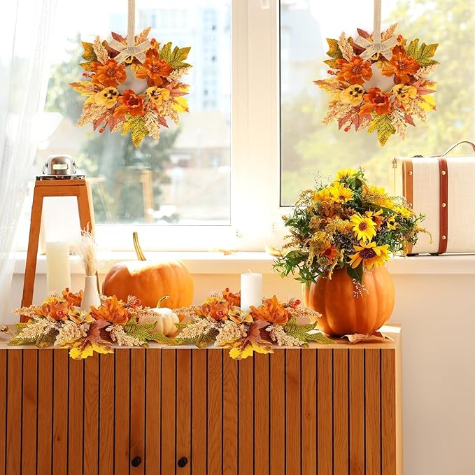 6 Pcs Fall Floral Swags Wreaths Mini Autumn Artificial Candle Rings Wreaths with Berries 3 inch Farmhouse Cabinets Hanging Wreath for Pillar Front Door Porch Wall Window Decoration