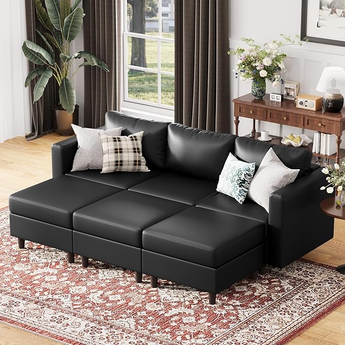 91.5" Luxury Modular Sleeper Sofa Bed with Storage Seat, 6 Seat Sectional Couch Deep Seat with Reversible Chaises & Removable Cover for Living Room - Faux Leather Black