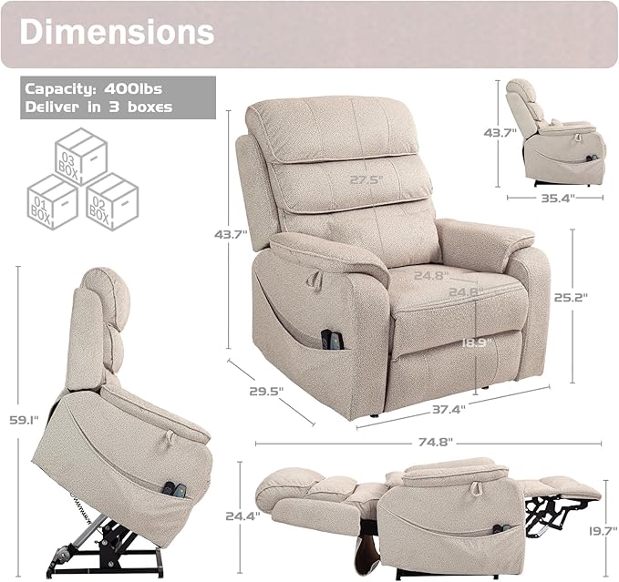 Power Lift Recliner Chair for Adults Elderly Lay Flat Velvet Recliners with Massage Heating, Extended Footrest, Wireless Charging Device, USB Ports, Cup Holder, Lumbar Pillow