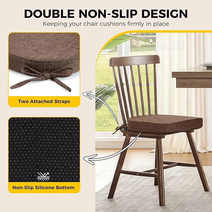 downluxe Indoor Chair Cushions for Dining Chairs, Soft and Comfortable Textured Foam Kitchen Chair Pads with Ties and Non-Slip Backing, 16" x 16" x 2", Brown, 2 Pack
