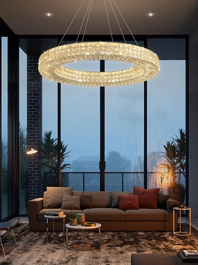 Dia 40" Modern Crystal Chandelier Light Fixtures Silver Luxury Chandeliers for Dining Room Round Hanging Pendant Lighting for Living Room Kitchen Entryway Bedroom
