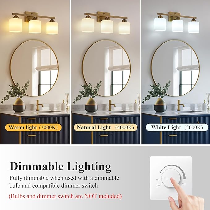 Stainless Steel Milk Glass Vanity Lights for Bathroom, 3 Light Brass Bathroom Light Fixtures Over Mirror, Ceramic E26 Sockets Wall Mounted