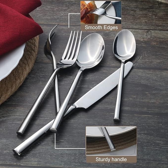 Alata Potter 65-Piece Forged Silverware Set, Service for 12 – Premium Stainless Steel Flatware Set, Modern Design with Satin Finish, Ideal for Home, Kitchen, Party, Camping
