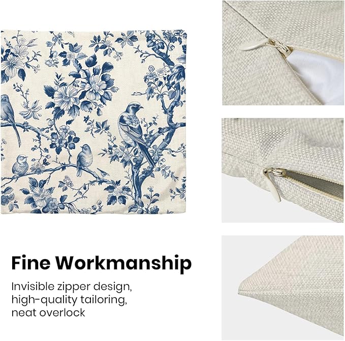 Navy Blue Spring Floral Pillow Covers 16 x 16 Inch Set of 2 for Vintage Chinoiserie Flowers Bird Decor Throw Pillows Plant Farmhouse Outdoor Decorative Cushion Cases for Couch Bed Decorations