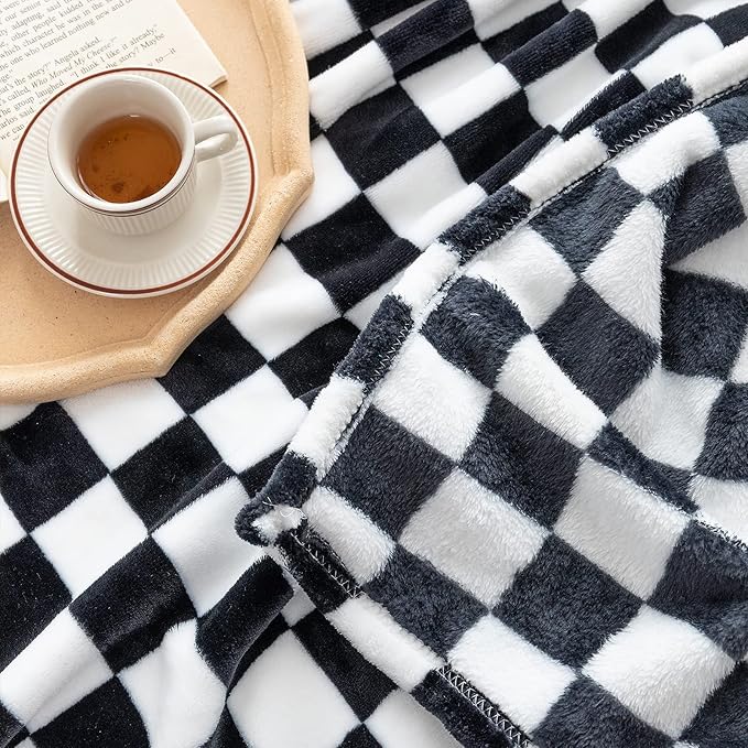 LOMAO Throw Blankets Flannel Blanket with Checkerboard Grid Pattern Soft Throw Blanket for Couch, Bed, Sofa Luxurious Warm and Cozy for All Seasons (Black, 90"x90")