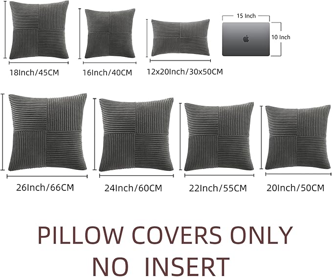 Fancy Homi 2 Packs Dark Gray Decorative Throw Pillow Covers 20x20 Inch for Living Room Couch Bed Sofa, Farmhouse Boho Home Decor, Soft Corss Corduroy Patchwork Accent Square Cushion Case 50x50 cm